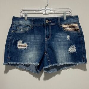 Cato Premium Denium Jean Shorts, Embroidered, Distressed, Modern Fit, Size 12